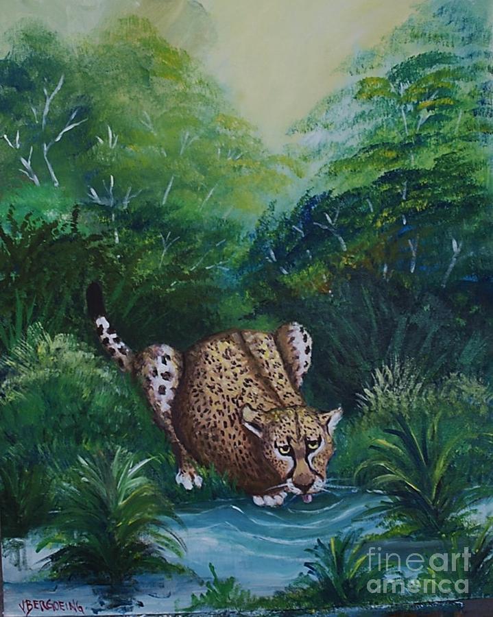 Jaguar drinking water #1 Painting by Jean Pierre Bergoeing