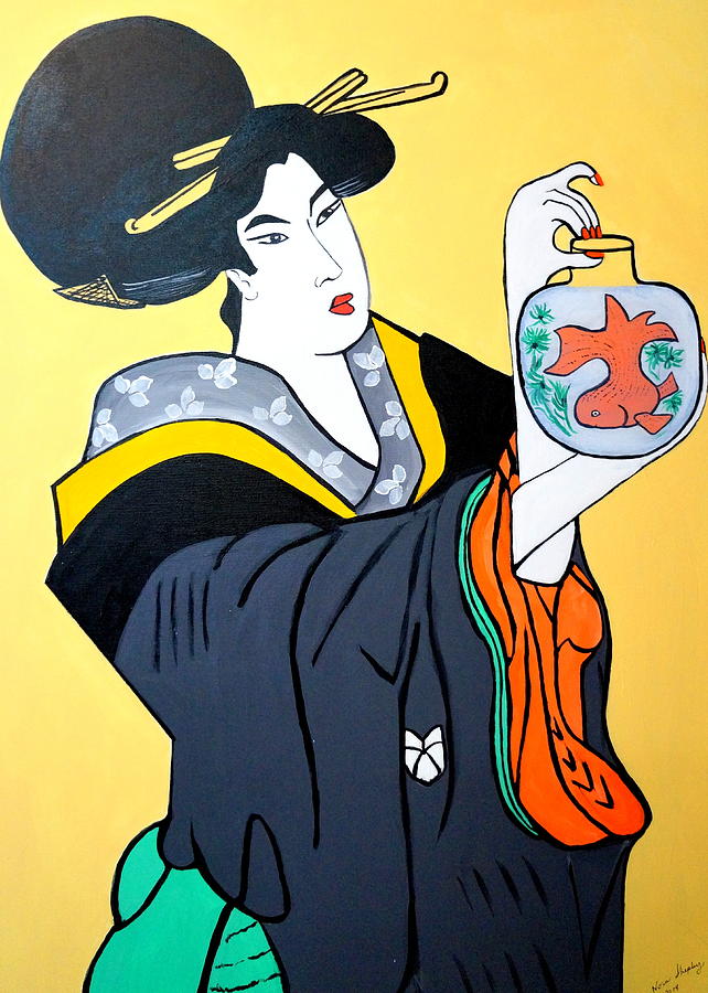 Japanese Girl 2  With Gold Fish Painting by Nora Shepley