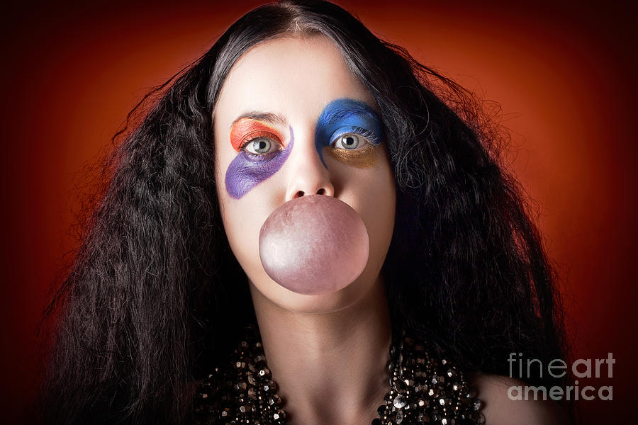 Jester girl blowing bubblegum ball #1 Photograph by Jorgo Photography