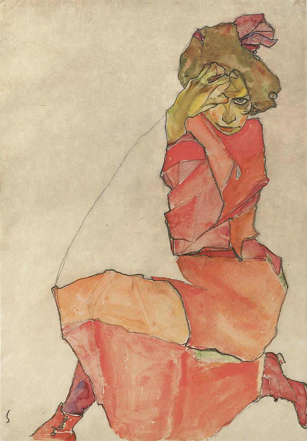 Egon Schiele Painting - Kneeling Female in Orange-Red Dress #2 by Celestial Images