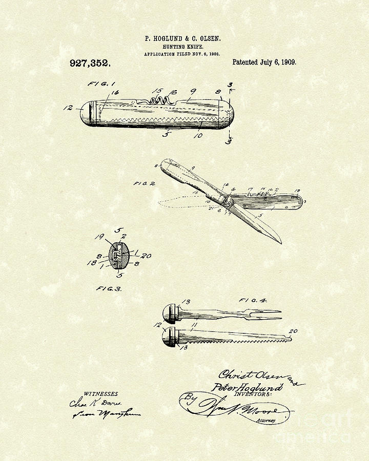 Knife 1909 Patent Art #1 Drawing by Prior Art Design