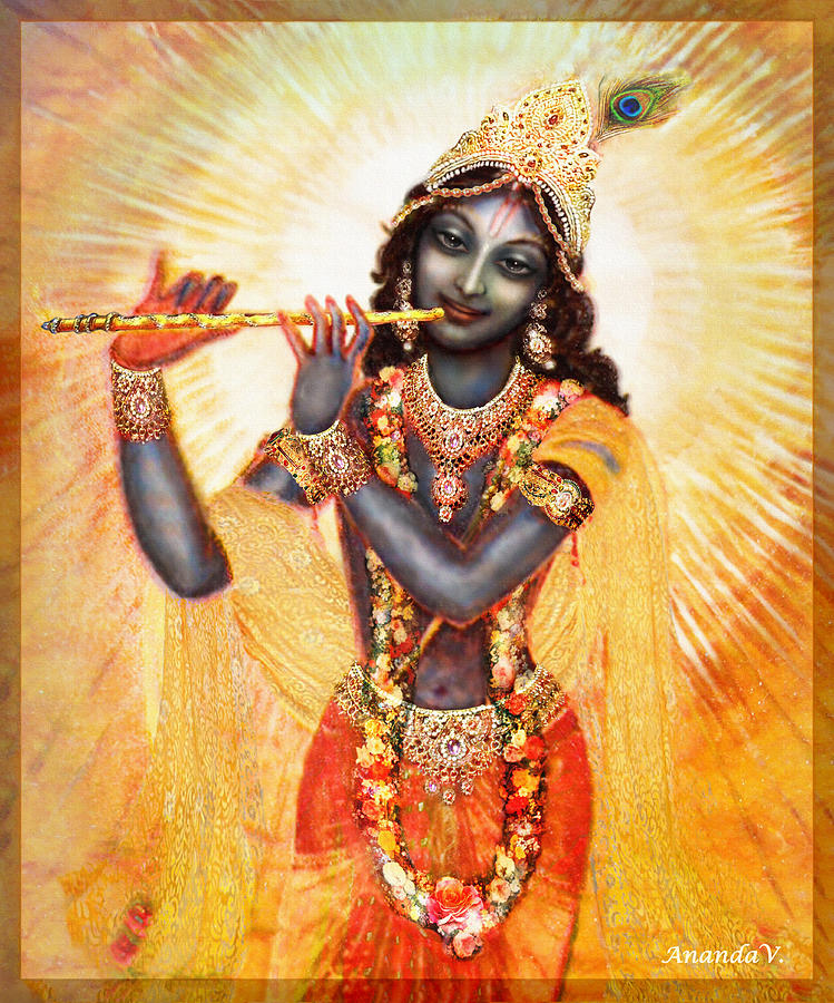 Krishna with the Flute #1 Mixed Media by Ananda Vdovic
