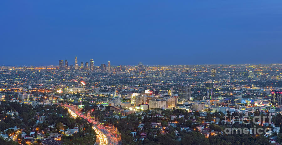 L.A. Skyline los Angeles CA Cityscape Night Dusk lit lights on 3 #1 Photograph by David Zanzinger