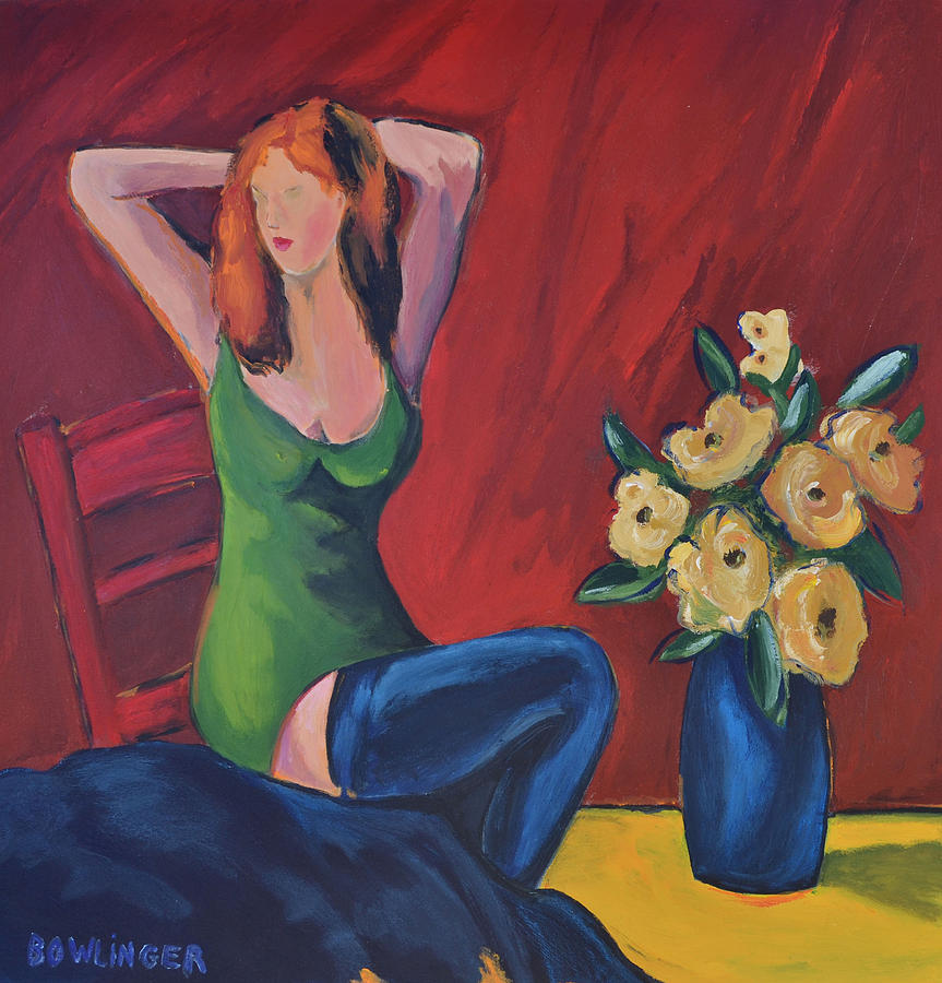 Figure Painting - Lady in green with blue stockings #1 by Scott Bowlinger