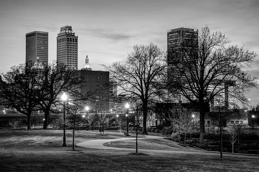 Lighted Walkway to the Tulsa Oklahoma Skyline - Black and White Photograph by Gregory Ballos Lighted Walkway to the Tulsa Oklahoma Skyline - Black and White Photograph by Gregory Ballos