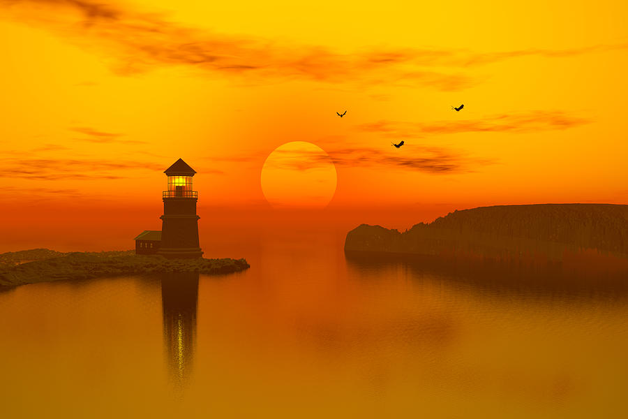 Lighthouse at sunset #1 Digital Art by John Junek