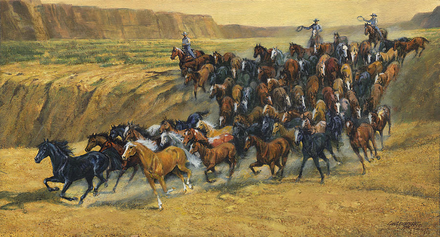 Horse Stampede Painting - Wild Horses Running by Don  Langeneckert