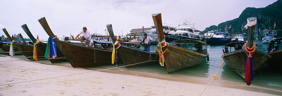 Transportation Photograph - Longtail Boats Moored On The Beach, Ton #1 by Panoramic Images