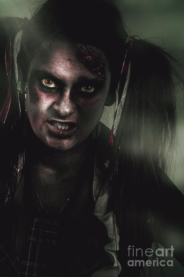 Mad zombie schoolgirl in green twilight nightmare #1 Photograph by Jorgo Photography