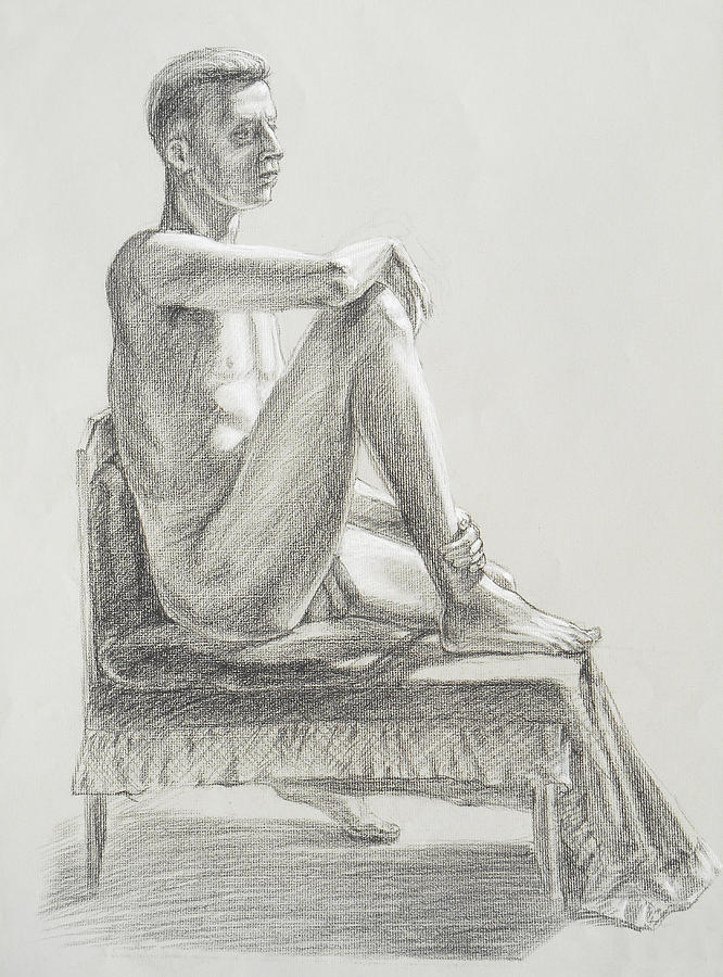 Male Model Seated Charcoal Study Drawing