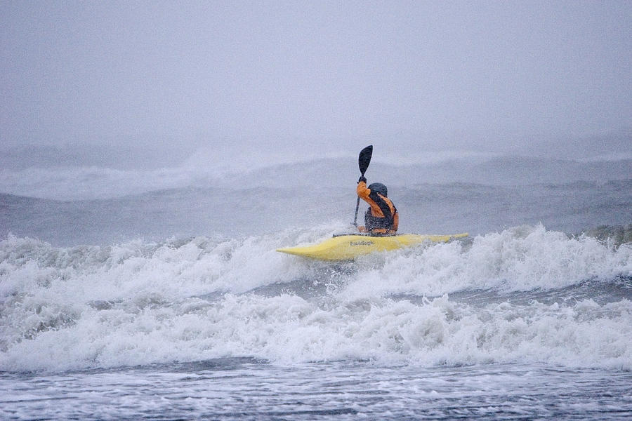 Sports Photograph - Man Kayak Surfing In Winter Storm Surf #1 by Scott Dickerson