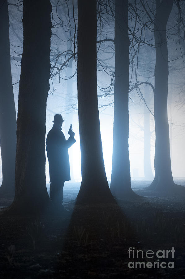 Man With Gun In Foggy Forest At Night #1 Photograph by Lee Avison