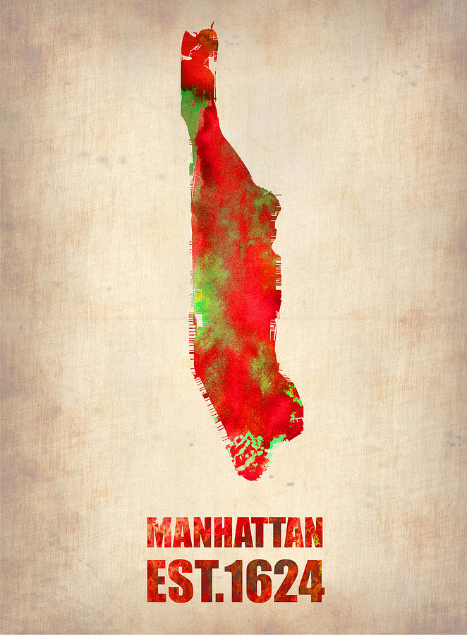 New York Map Painting - Manhattan Watercolor Map #1 by Naxart Studio