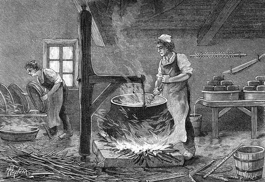 Manufacturing Gruyere Cheese Drawing by Mary Evans Picture Library