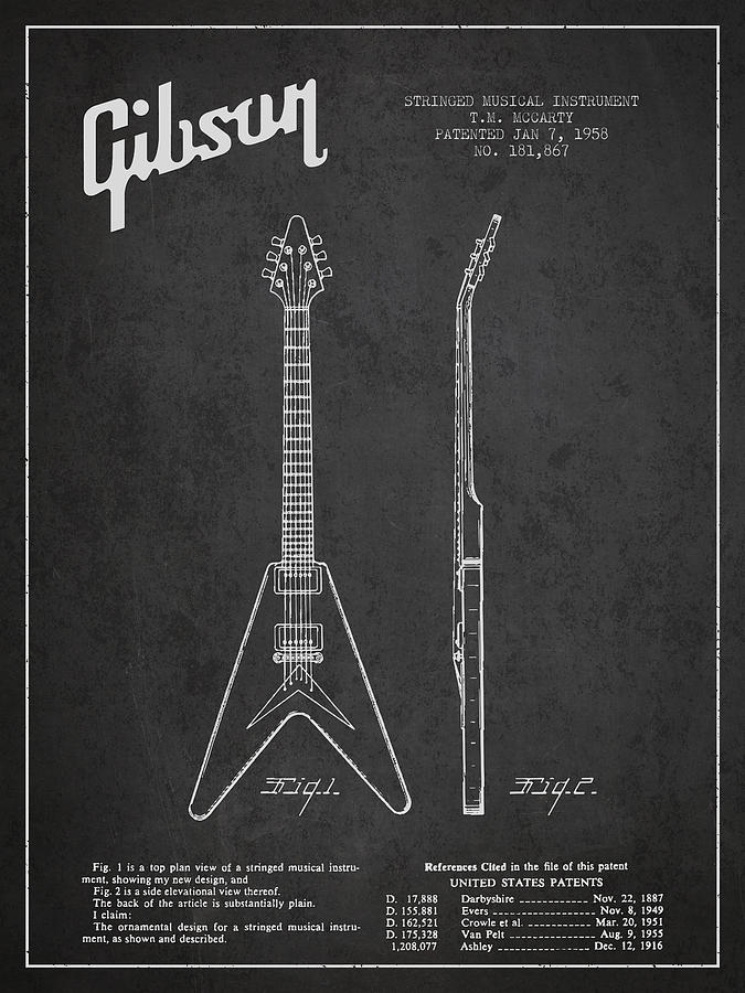 Bass Digital Art - Mccarty Gibson Electric guitar patent Drawing from 1958 - Dark by Aged Pixel