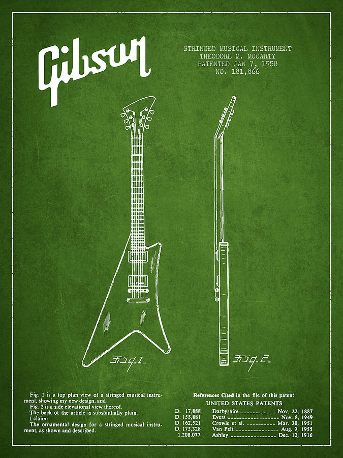 Bass Digital Art - McCarty Gibson stringed instrument patent Drawing from 1958 - Green by Aged Pixel