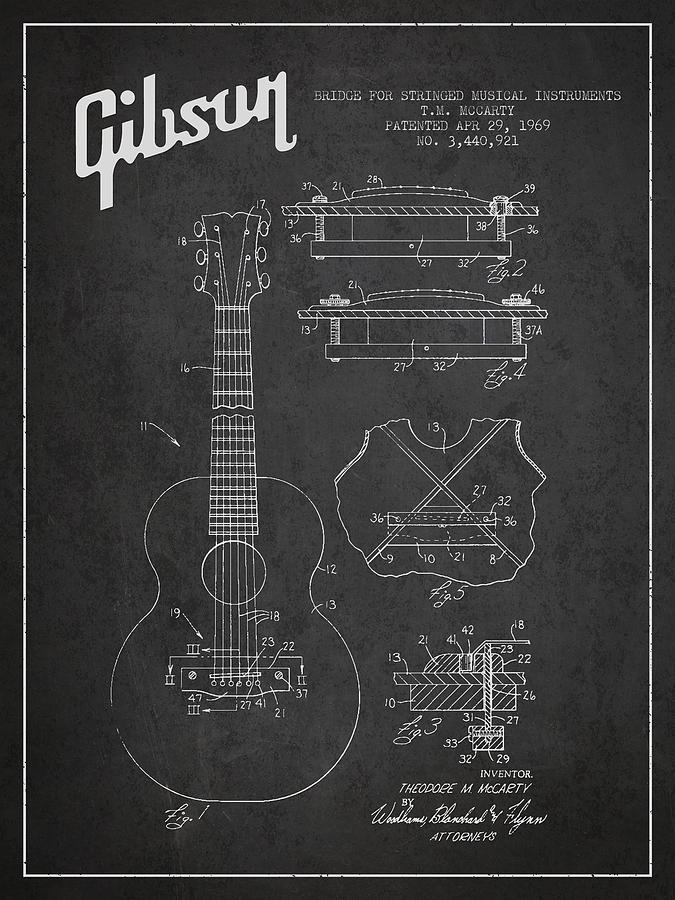 Bass Digital Art - Mccarty Gibson stringed instrument patent Drawing from 1969 - Dark by Aged Pixel