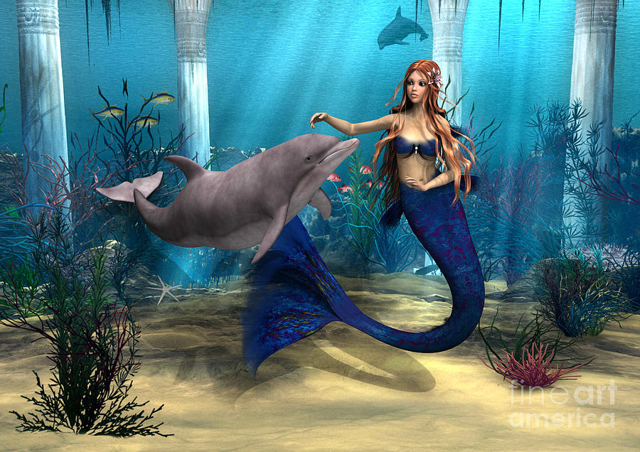 Mermaid Digital Art - Mermaid and Dolphin #1 by Design Windmill