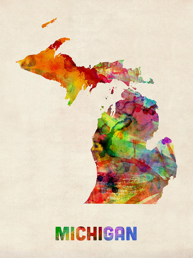 Michigan Watercolor Map #1 Digital Art by Michael Tompsett