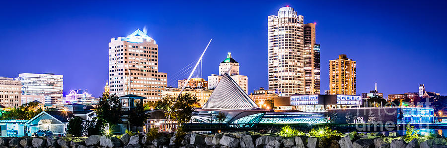 Milwaukee Skyline at Night Photo in Blue #1 Photograph by Paul Velgos