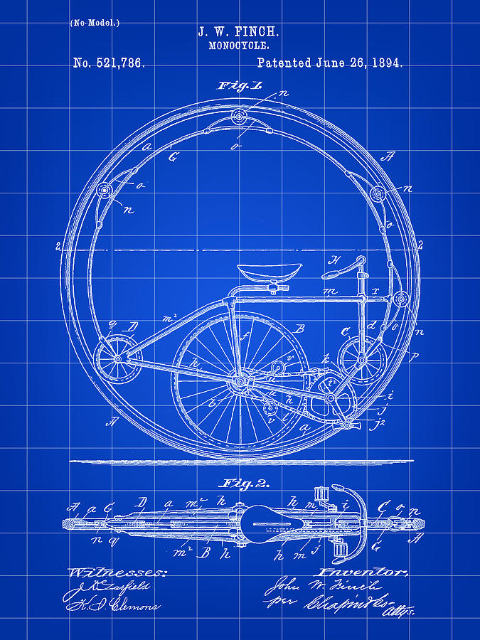 Monocycle Patent 1894 - Blue Digital Art by Stephen Younts