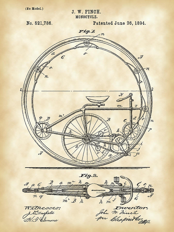 Monocycle Patent 1894 - Vintage Digital Art by Stephen Younts