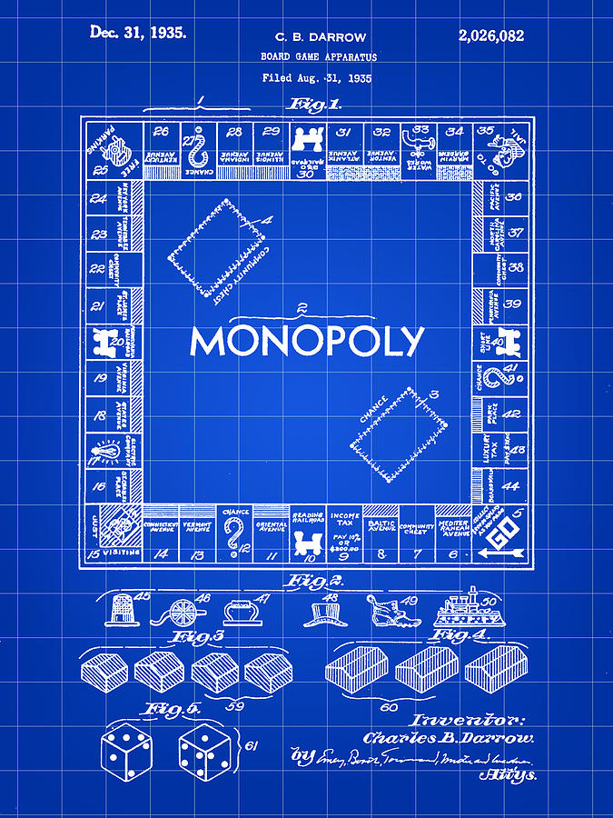 Monopoly Digital Art - Monopoly Patent 1935 - Blue by Stephen Younts