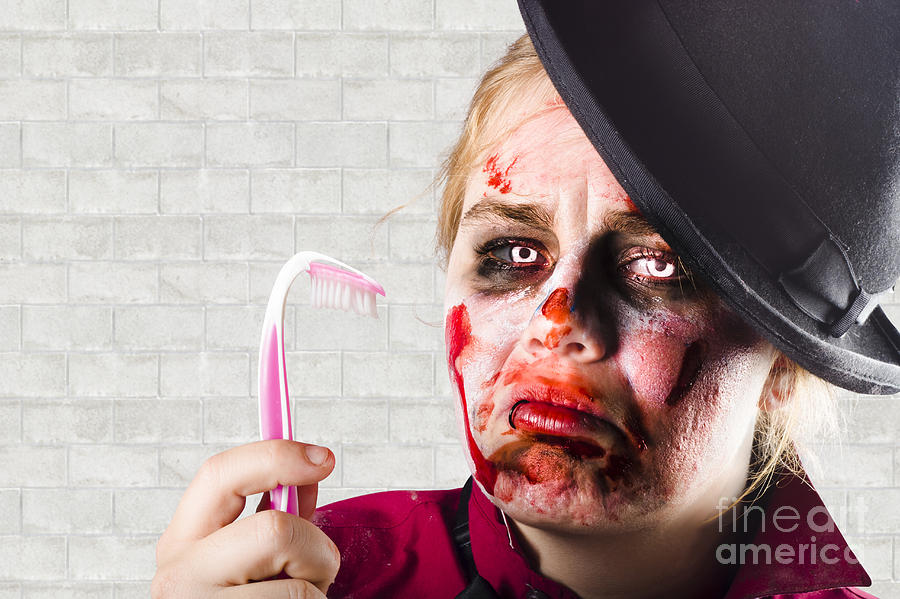 Halloween Photograph - Monster holding sad toothbrush. Rotting teeth #1 by Jorgo Photography