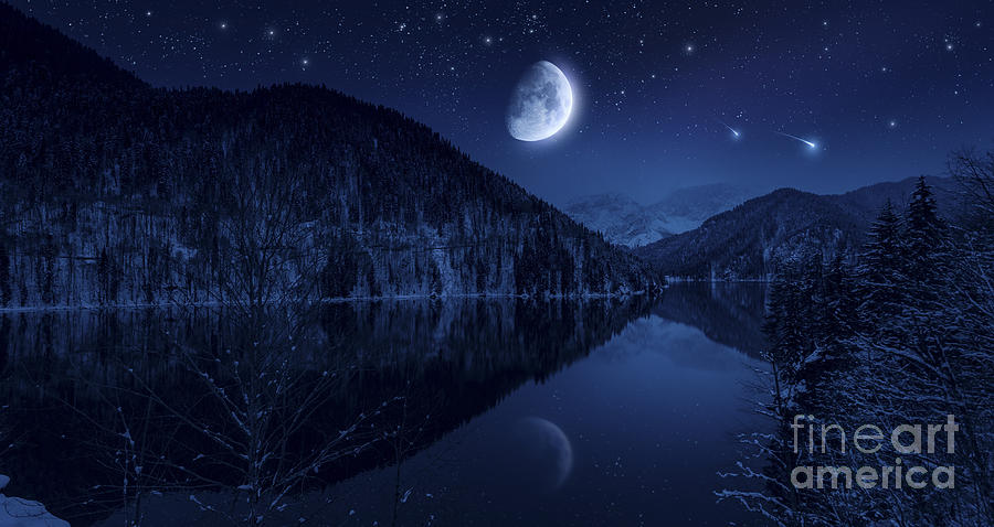 Nature Photograph - Moon Rising Over Tranquil Lake #1 by Evgeny Kuklev