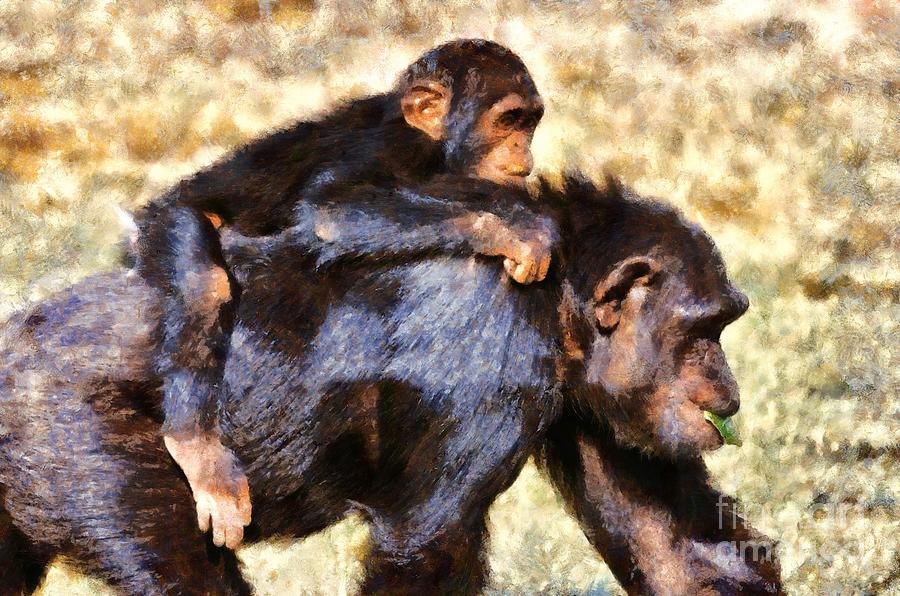 Parenthood Movie Painting - Mother chimpanzee with baby on her back #2 by George Atsametakis