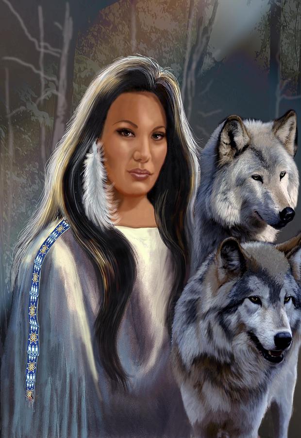 Native American Maiden with Wolves Painting by Regina Femrite