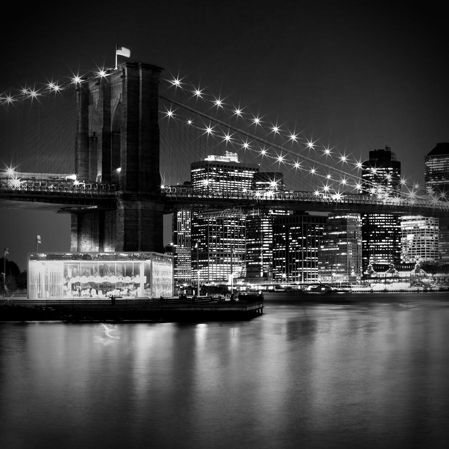 Architecture Photograph - Night Skyline MANHATTAN Brooklyn Bridge bw #1 by Melanie Viola