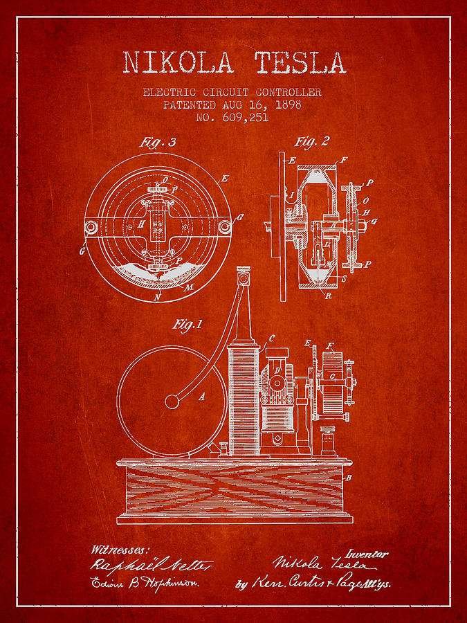 Nikola Tesla Electric Circuit Controller Patent Drawing From 189 ...