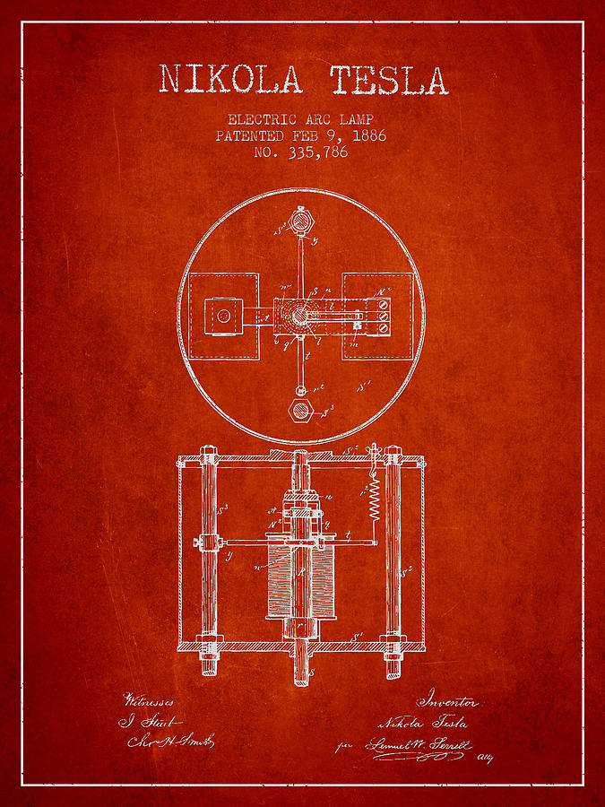 Nikola Tesla Patent Drawing From 1886 - Red Digital Art by Aged Pixel