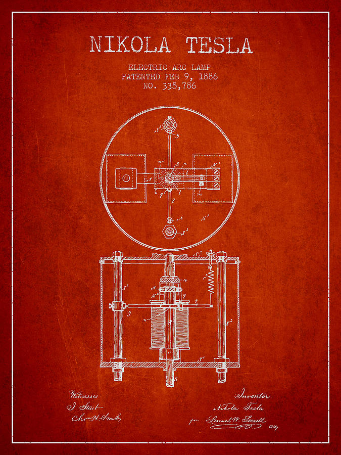 Nikola Tesla Patent Drawing From 1886 - Red Digital Art by Aged Pixel ...