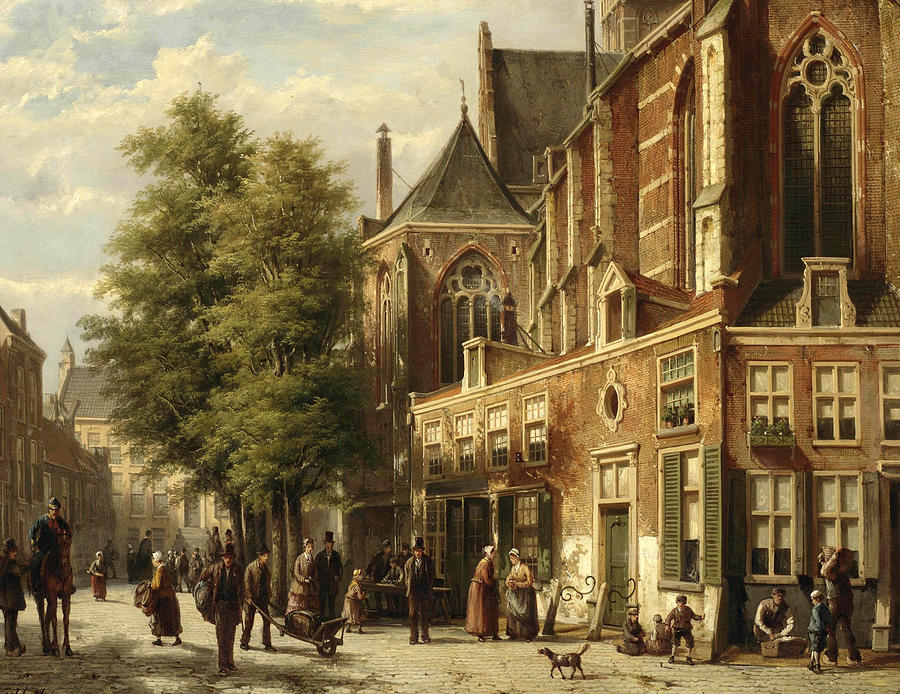 Numerous figures in a sunlit street near a church Painting by Willem Koekkoek