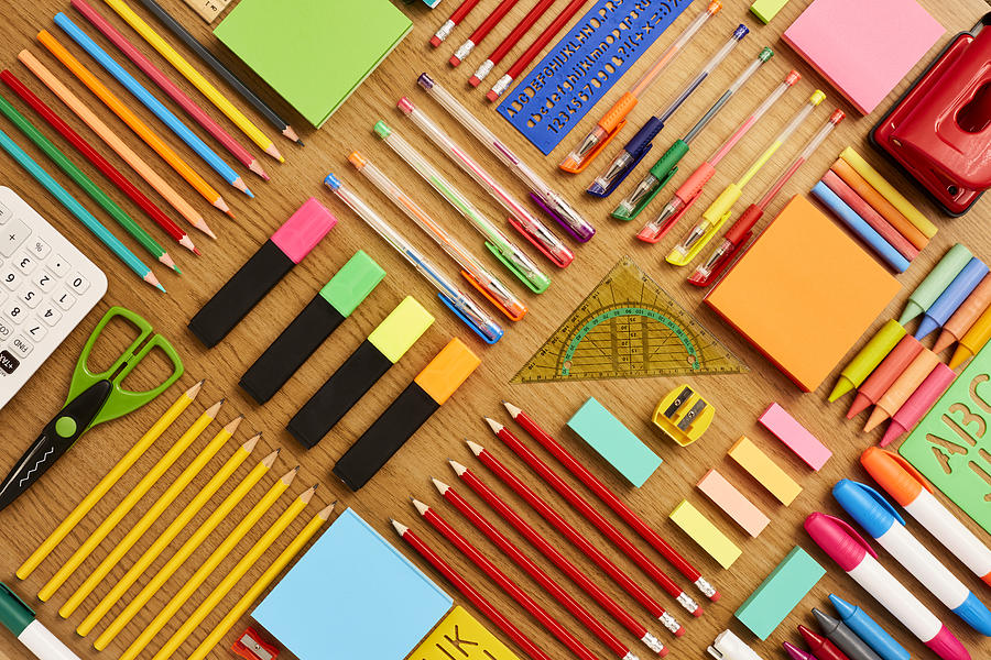 Office and school supplies arranged on wooden table - Knolling #1 Photograph by Neustockimages
