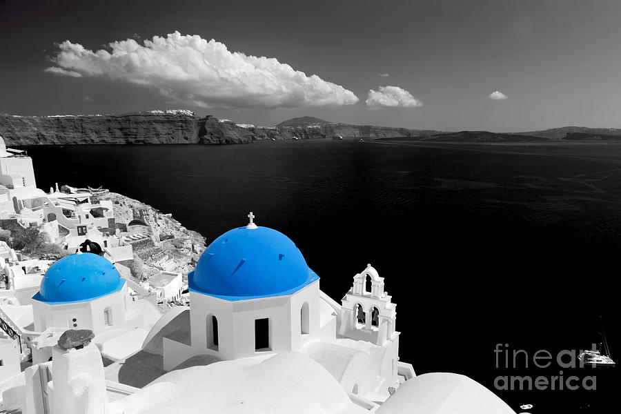 Greek Photograph - Oia town on Santorini island Greece Blue dome church black and white. #1 by Michal Bednarek