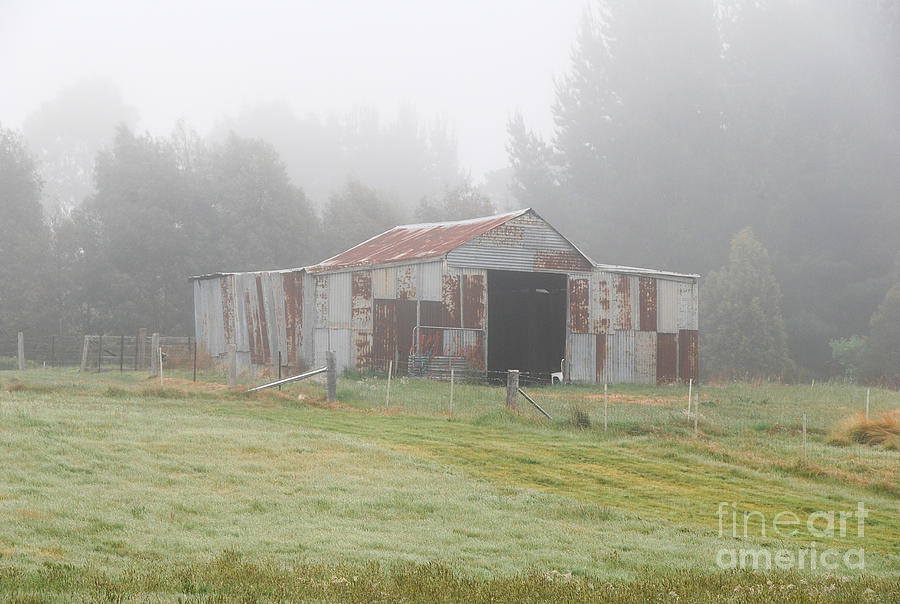 Old barn in the mist #1 Photograph by Fran Woods