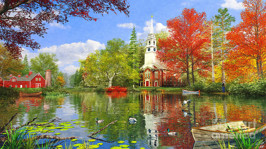 Duck Digital Art - Old Church At Autumn Lake #1 by Dominic Davison