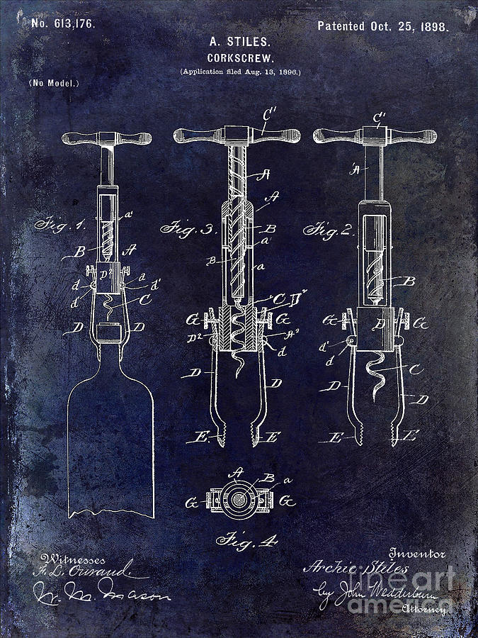 Wine Photograph - 1898  Corkscrew Patent Drawing by Jon Neidert