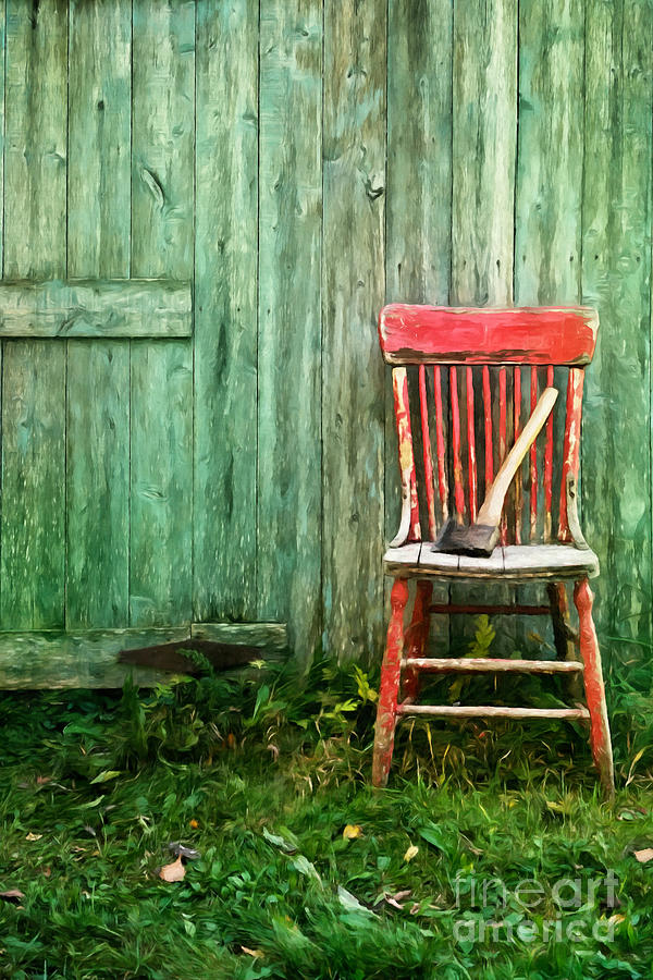 Summer Photograph - Old red chair near a barn/digital watercolor by Sandra Cunningham