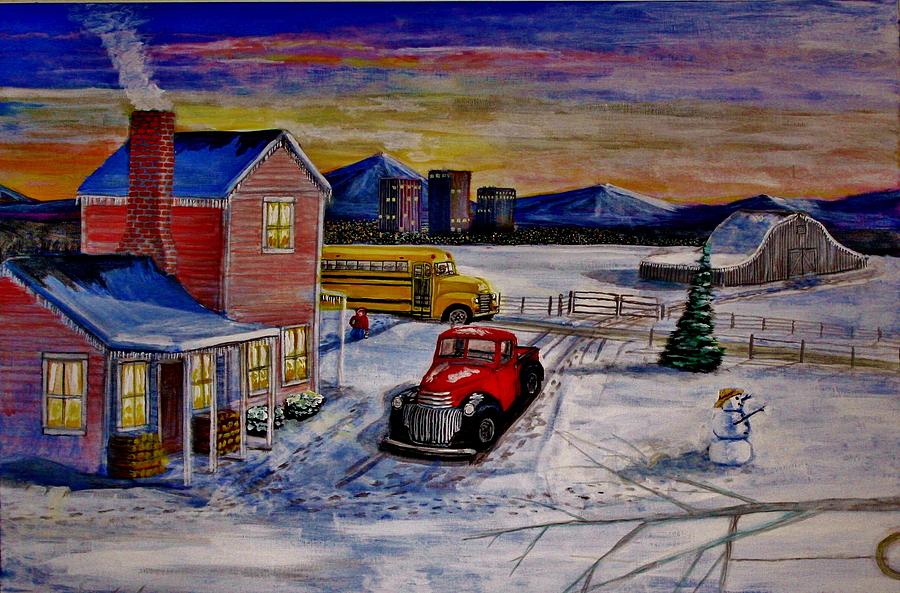 Winter Painting - Old School Days. by Larry E Lamb