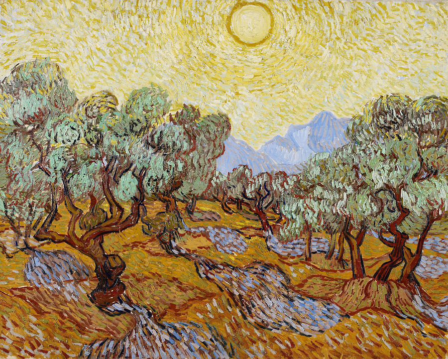 Olive Trees with yellow sky and sun #2 Painting by Vincent van Gogh
