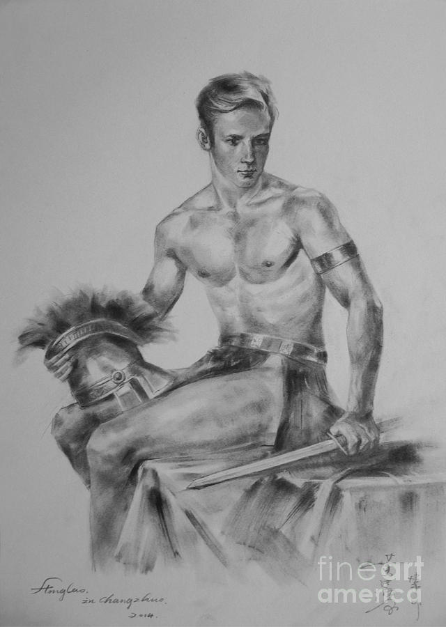 Original Drawing Sketch Charcoal Chalk Male Nude Gay Man Art Pencil On Paper By Hongtao #4 Painting by Hongtao Huang