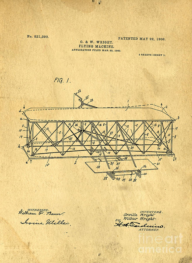 Airplane Mixed Media - Original Patent for Wright Flying Machine 1906 #1 by Edward Fielding
