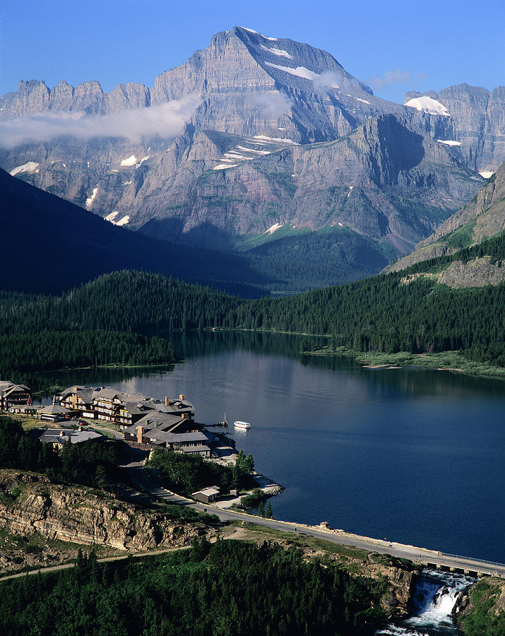 Glacier National Park Photograph - Overview Of Lake And Hotel, Glacier #1 by Ted Wood