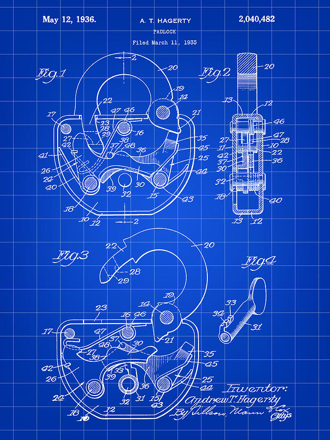 Padlock Digital Art - Padlock Patent 1935 - Blue by Stephen Younts