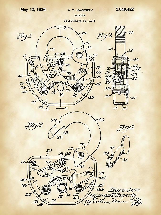 Padlock Patent 1935 - Vintage Digital Art by Stephen Younts