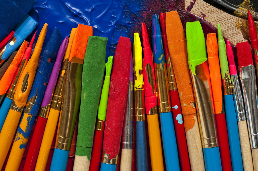 Paintbrushes lined up on palette #1 Photograph by Jim Corwin